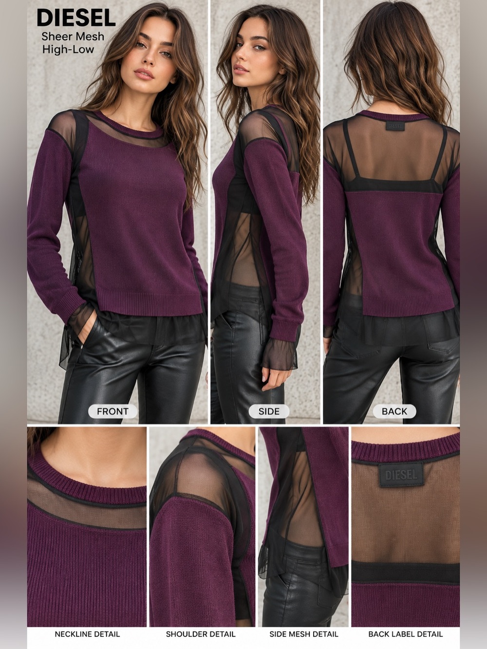Diesel Womens medium Purple Black Mesh Sheer High Low Layered Sweater Top gothic